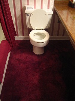 The carpeted bathroom and the dense floral wallpaper need to go. (Photo: rick/Flickr creative commons)