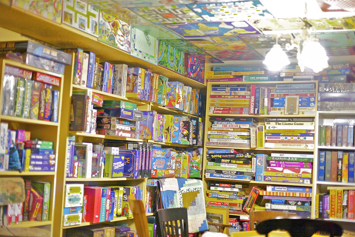 Photo of totally impressive game closet by Sayward Rebhal.