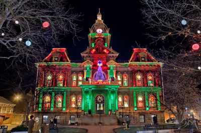 The Guernsey County Courthouse light show in the Dickens Victorian Village. Photo: DickensVictorianVillage.com