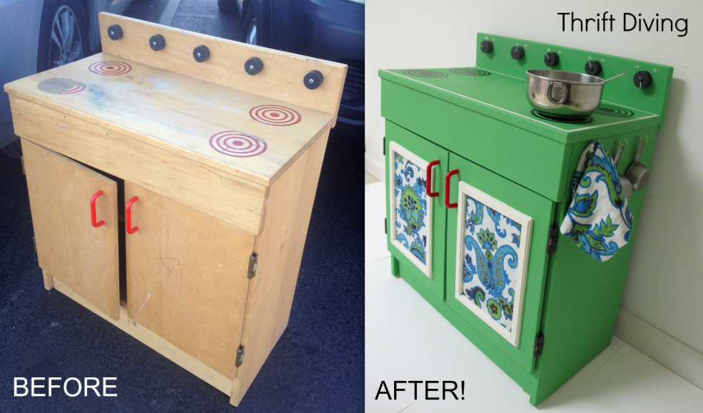 Photo of thrifted play kitchen by Thrift Diving via Hometalk.com.